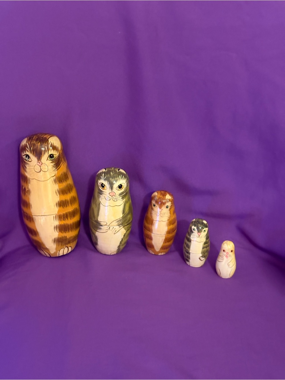 Vintage Matryoshka Hand Painted Tabby Cat Kitty Wood Russian Nesting Dolls Set 5 - Picture 6 of 10